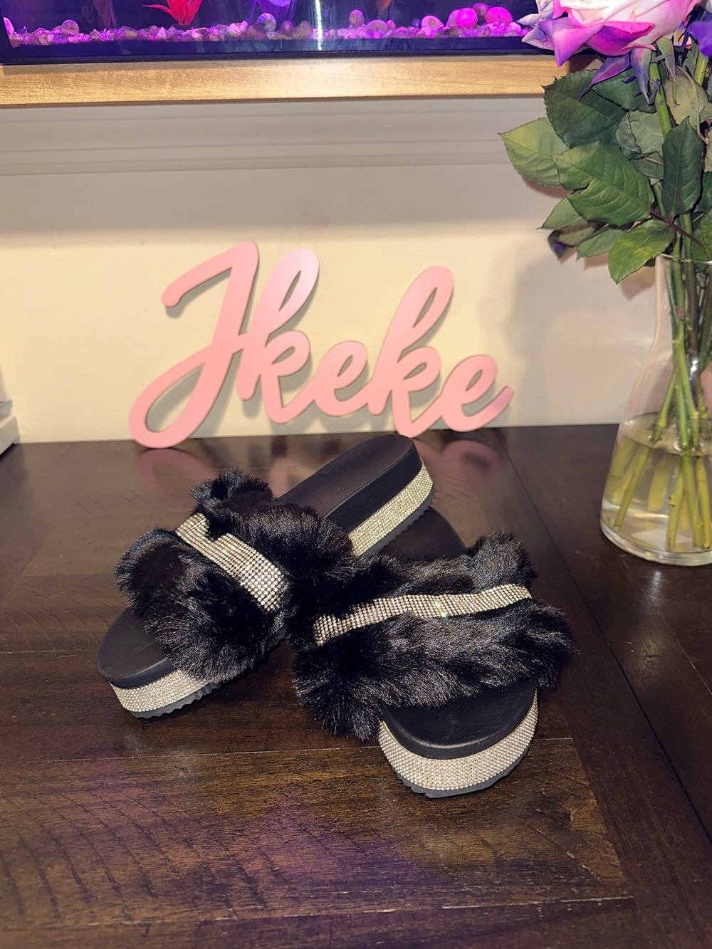 Black Faux Fur Diamond Platform Slide Sandals size 6, 7, 7.5, 8, 9